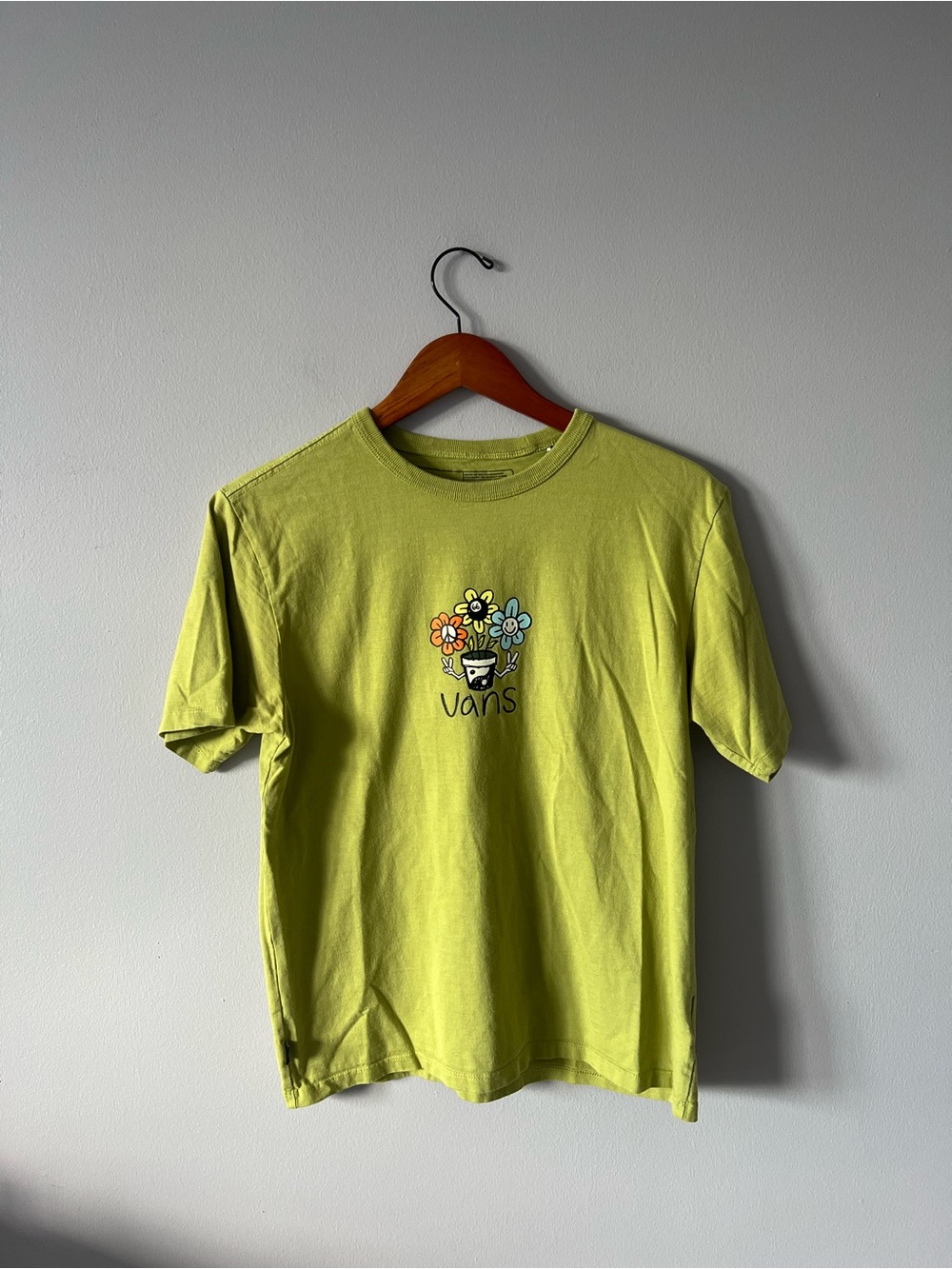 Vans Neon Green Tee with Floral Cartoon Graphic